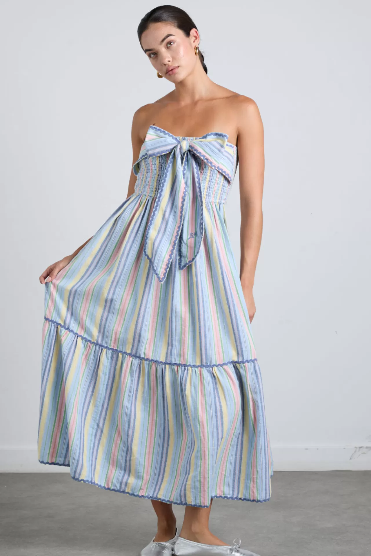 Clearance Damson Madder pia midi dress - pastel stripe multi