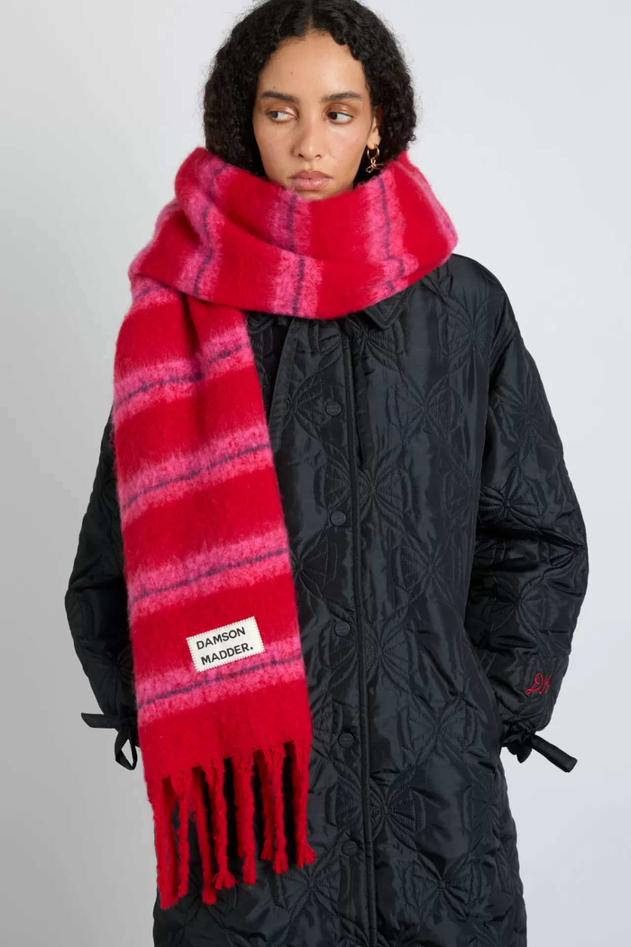 Hot Damson Madder pink u0026 red fluffy stripe scarf