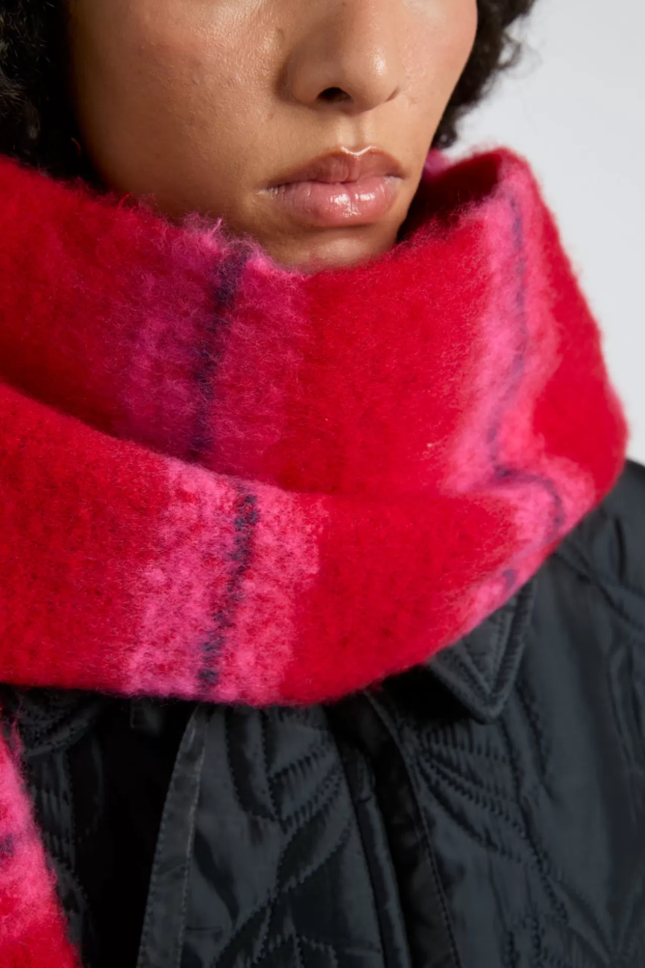 Hot Damson Madder pink u0026 red fluffy stripe scarf