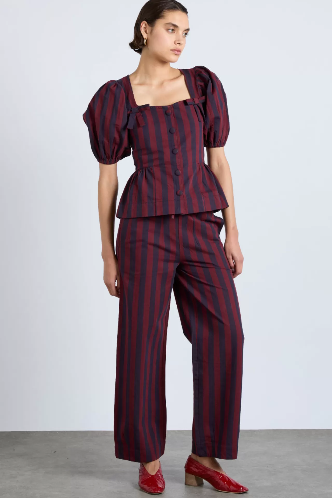 Best Damson Madder rafe trousers- navy and burgundy stripe navy/red