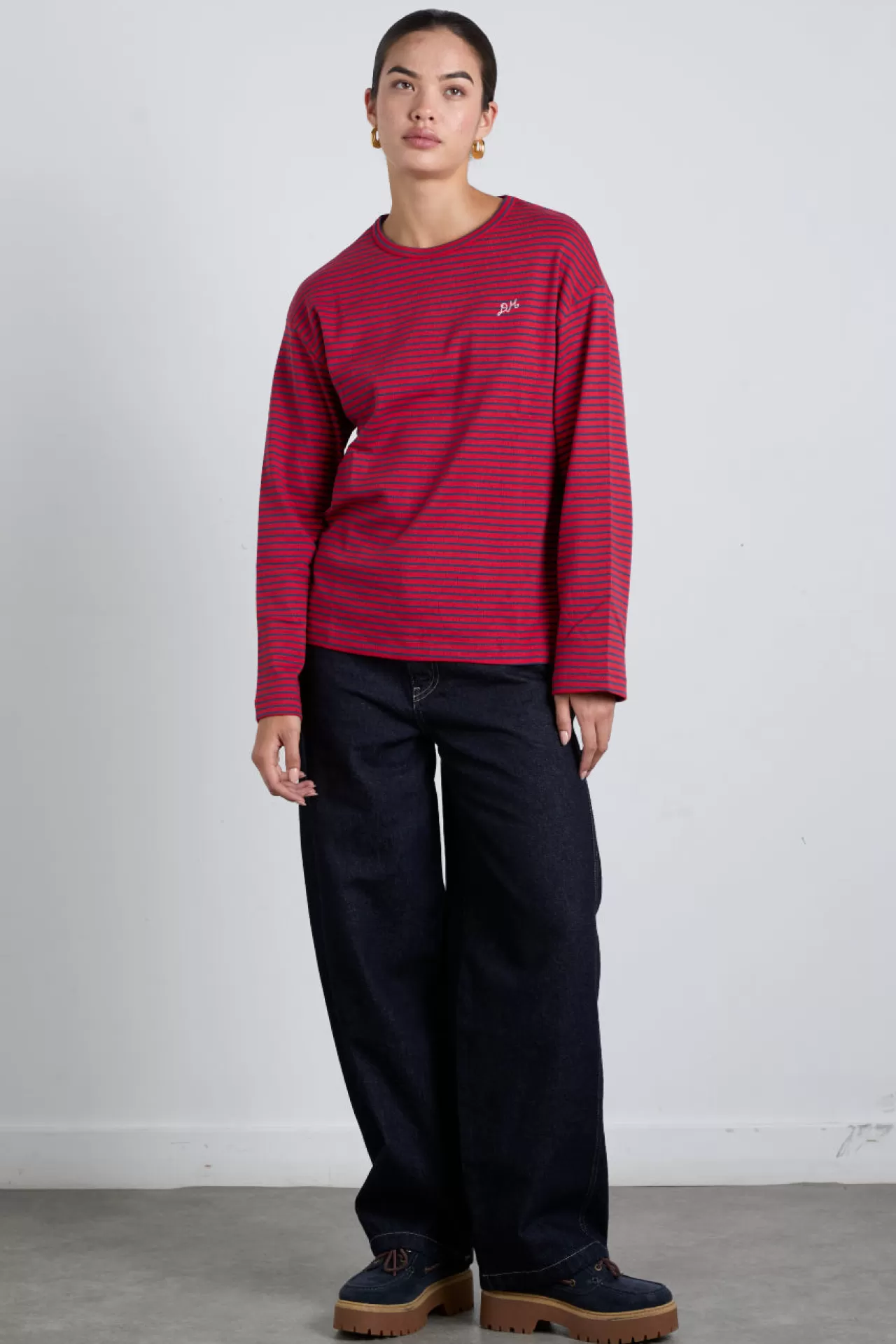 Cheap Damson Madder red and navy stripe long sleeve top red/navy