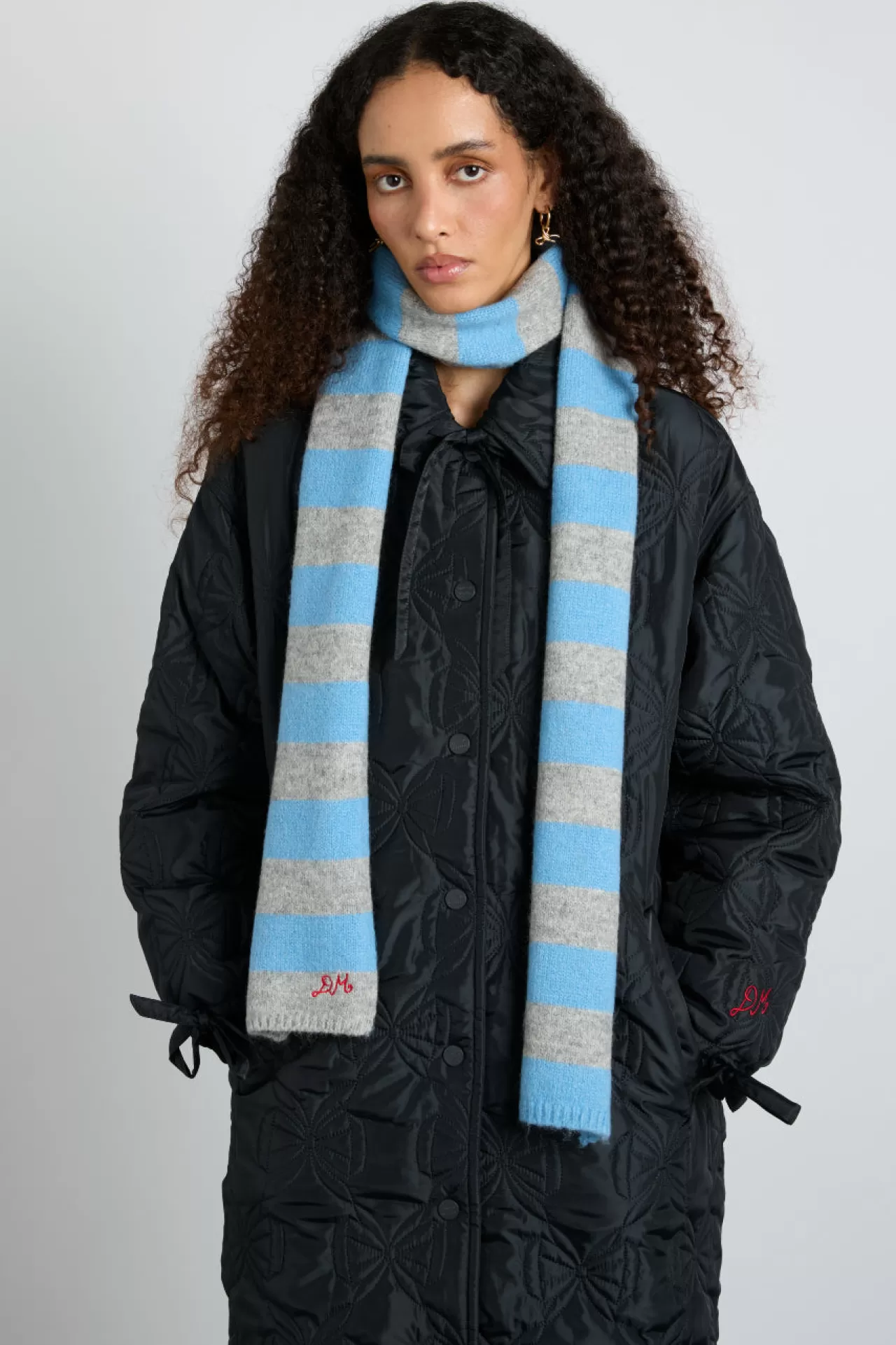 Clearance Damson Madder skinny stripe scarf in grey u0026 blue