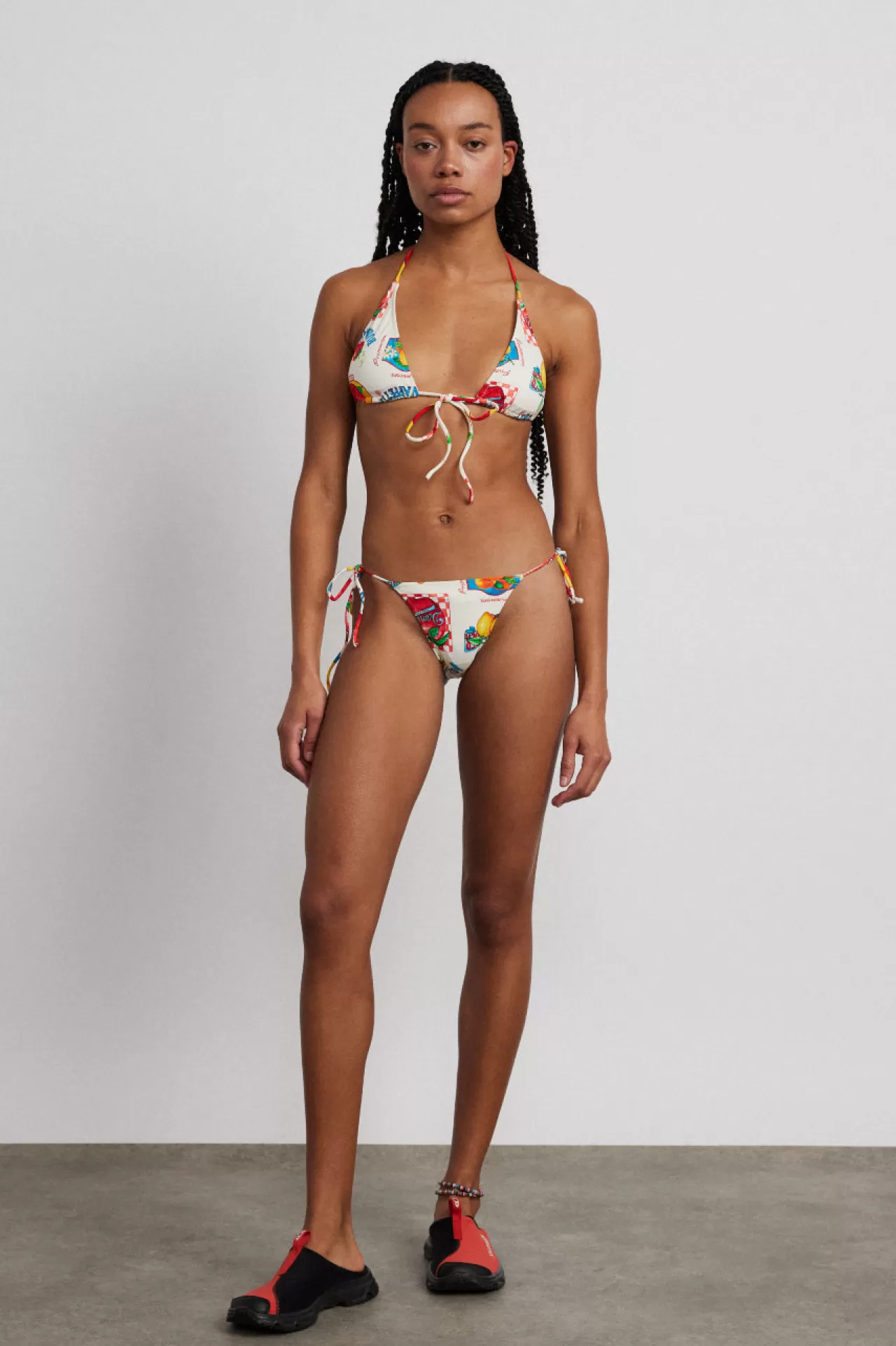 Outlet Damson Madder tie front triangle bikini top - fruit labels multi