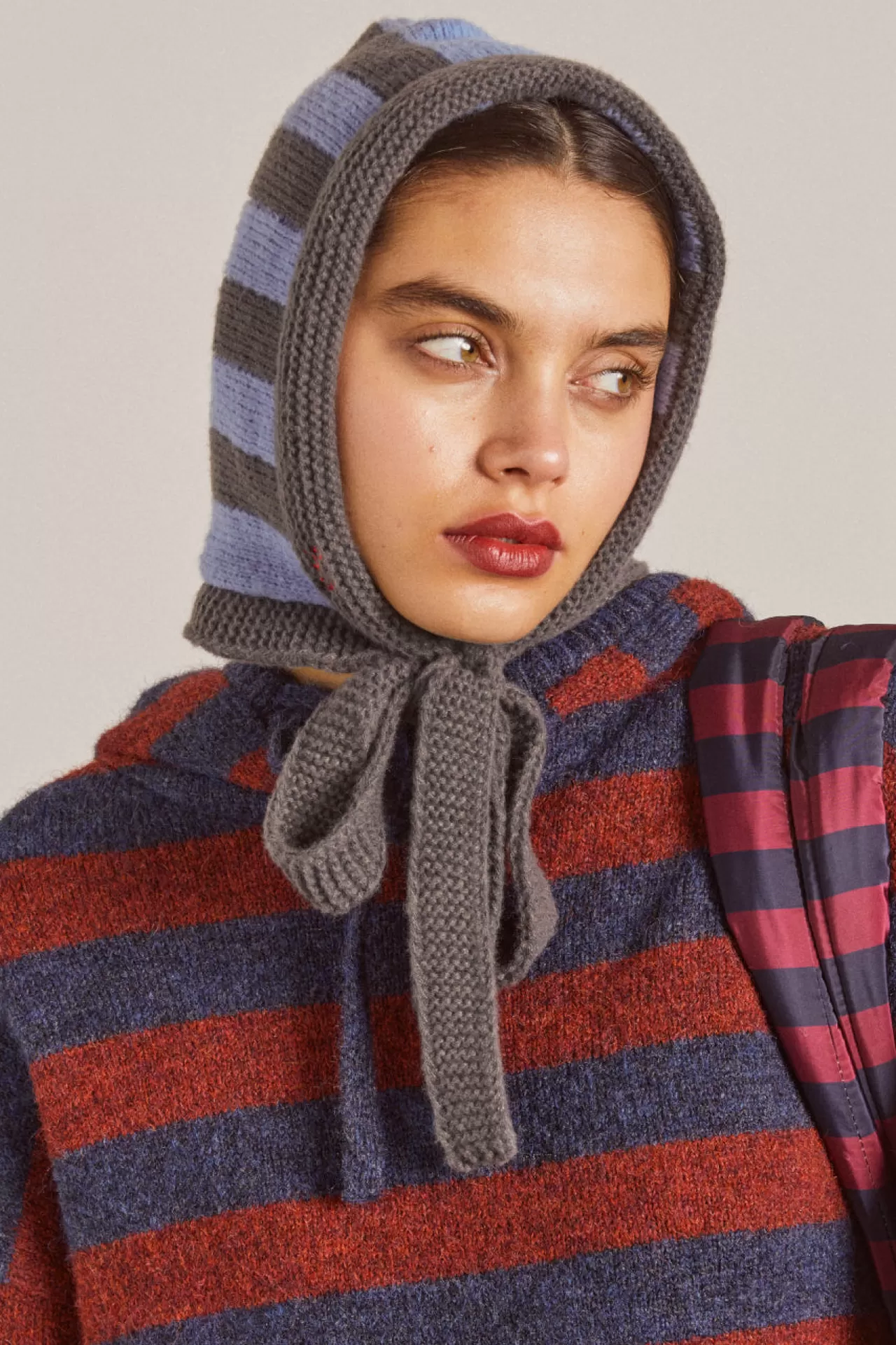 Outlet Damson Madder tie neck bonnet in grey u0026 blue stripe
