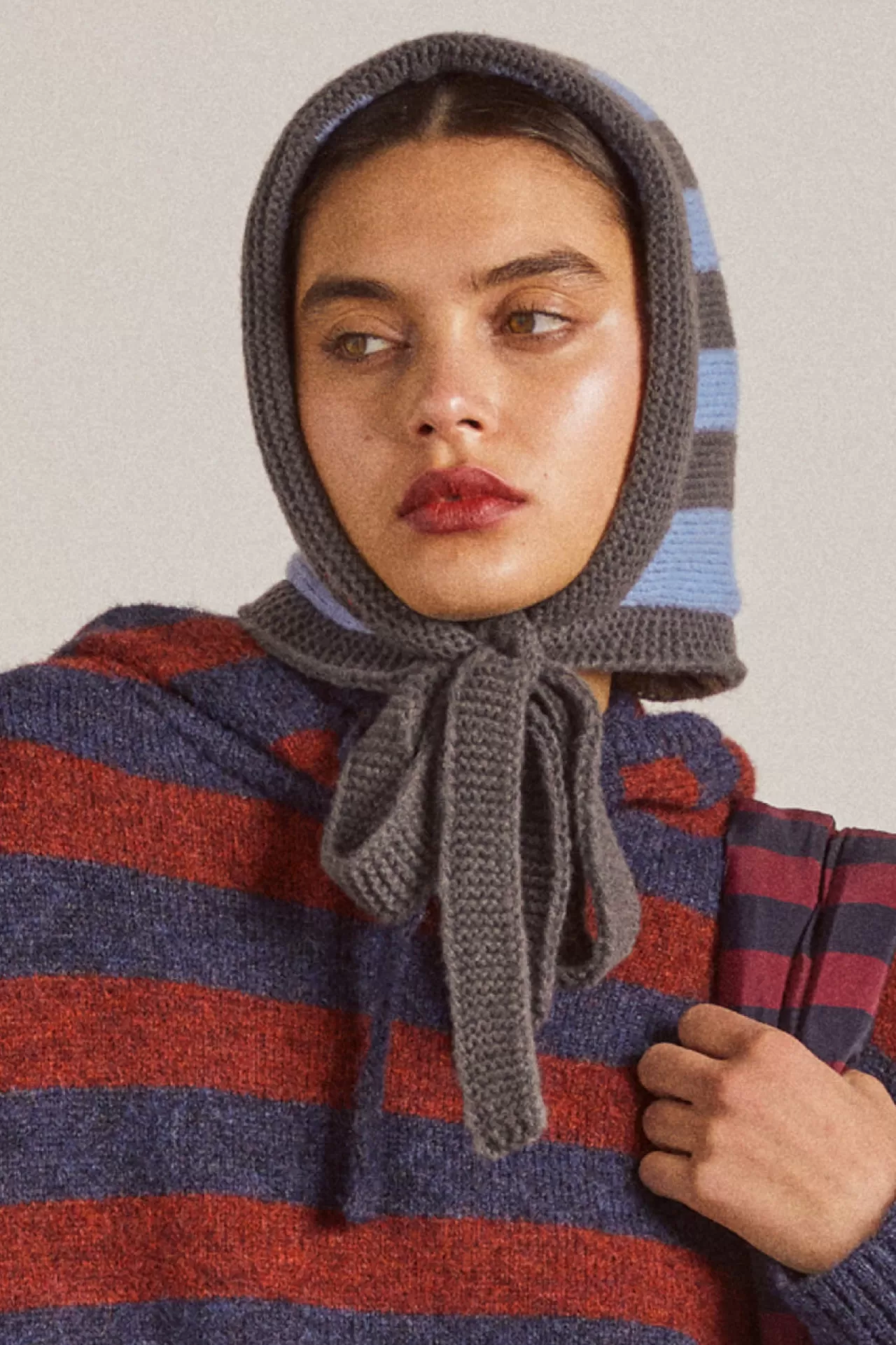 Outlet Damson Madder tie neck bonnet in grey u0026 blue stripe