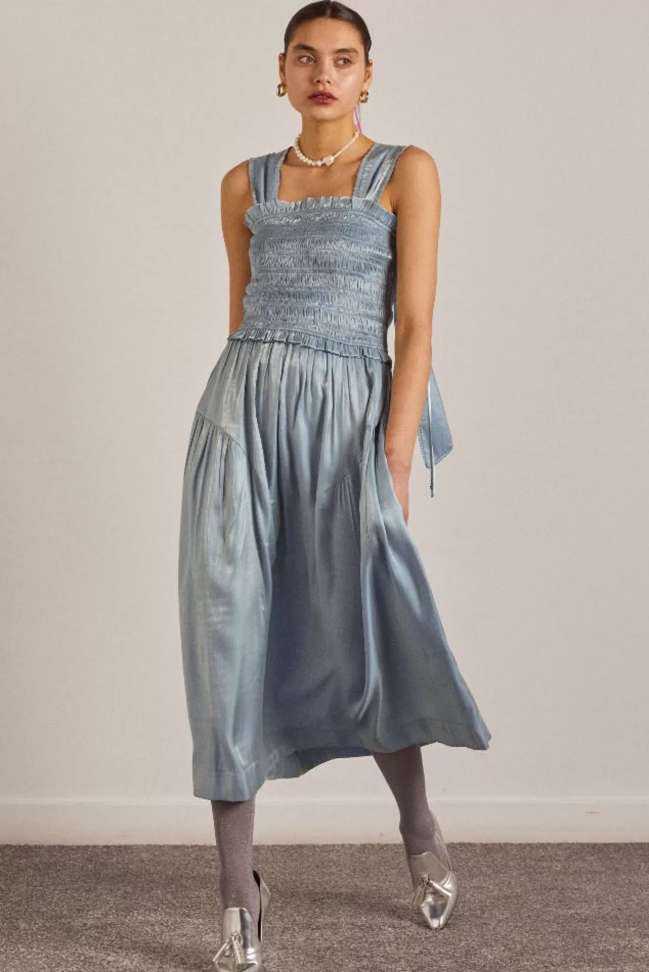 Outlet Damson Madder tish midi dress - glass satin blue