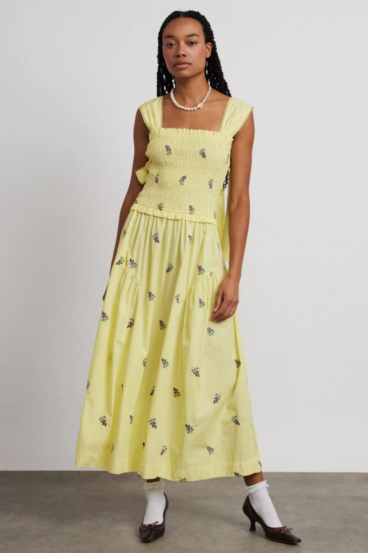 Outlet Damson Madder tish poplin midi dress - grape embroidery yellow