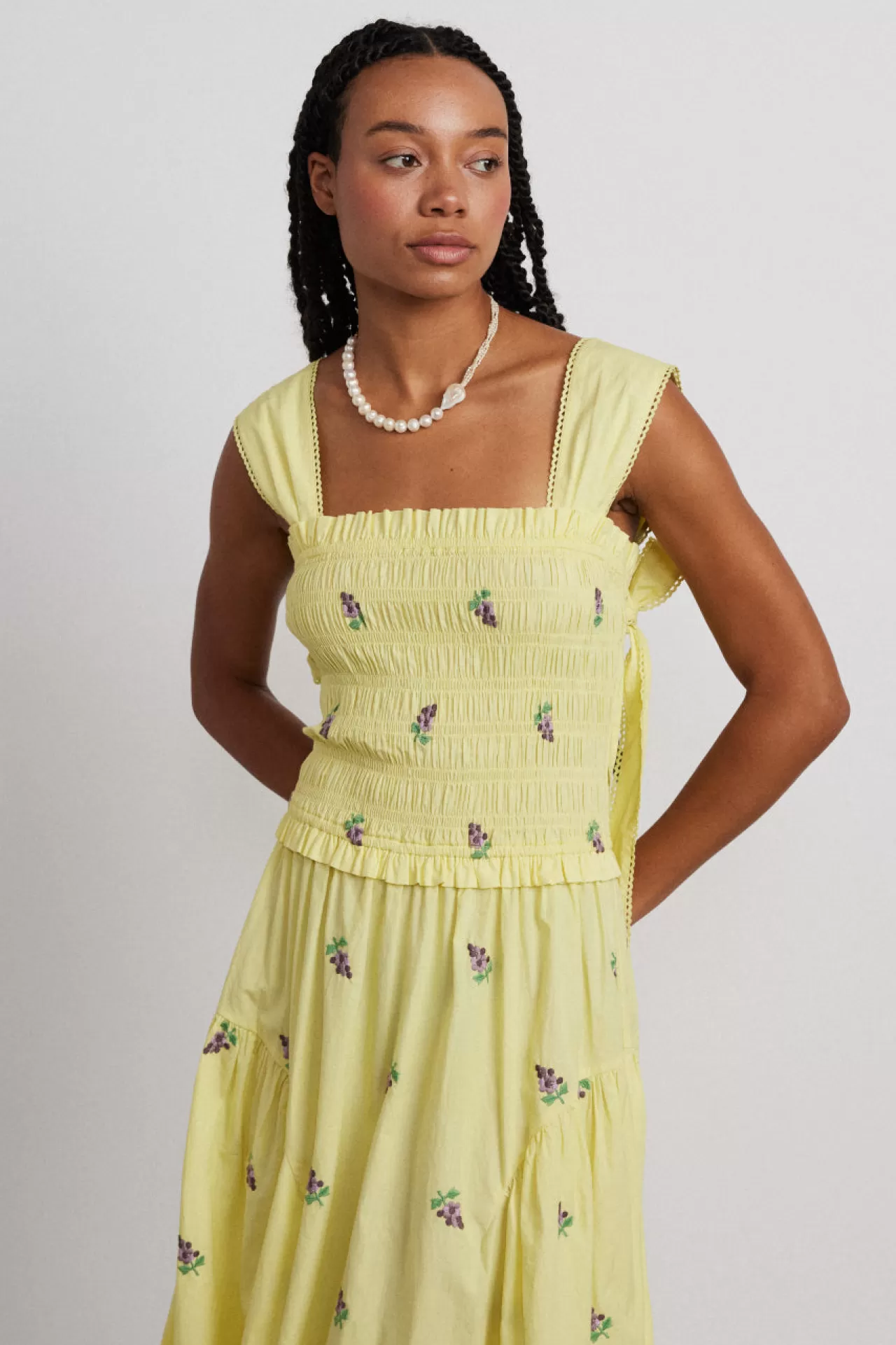 Outlet Damson Madder tish poplin midi dress - grape embroidery yellow
